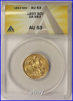 1893 Great Britain Gold 1 Sovereign AU 53 ANACS