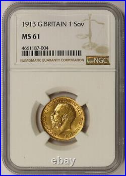 1913 Great Britain Gold 1 Sovereign MS 61 NGC