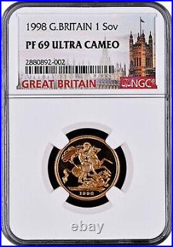 1998 Great Britain 1 Sovereign Pf 69 Ultra Cameo, Free Shipping