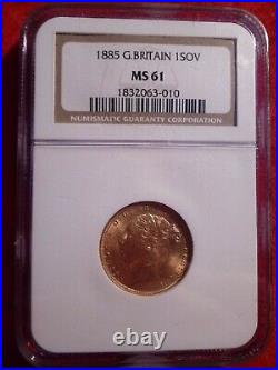 Gold 1885 MS 61 Great Britain Gold Sovereign NGC Certified Coin Queen Victoria