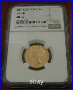Great Britain 1871 Gold 1 Sovereign Shield NGC AU55 Victoria