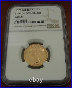 Great Britain 1872 Gold 1 Sovereign Shield Die Number NGC AU58 Victoria