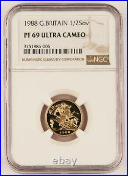 Great Britain UK 1988 1/2 Half Sovereign 0.1177 Oz AGW Gold Proof Coin NGC PF69